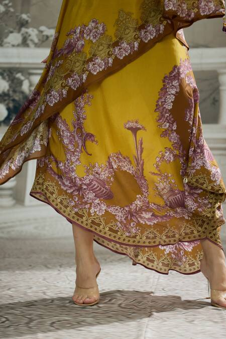 Rajdeep Ranawat_Yellow Silk Embroidery Boat Kamini Printed Asymmetric Tunic And Draped Skirt Set _at_Aza_Fashions