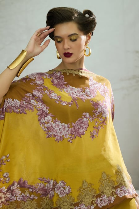 Buy_Rajdeep Ranawat_Yellow Silk Embroidery Boat Kamini Printed Asymmetric Tunic And Draped Skirt Set 