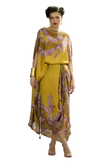 Shop_Rajdeep Ranawat_Yellow Silk Embroidery Boat Kamini Printed Asymmetric Tunic And Draped Skirt Set 