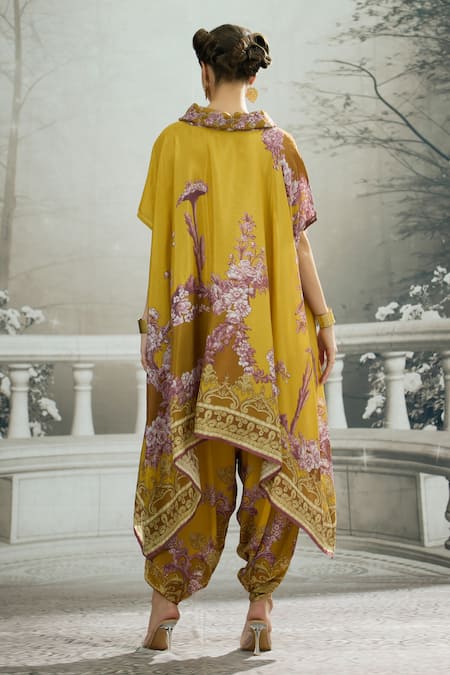 Shop_Rajdeep Ranawat_Yellow Silk Embroidery Cowl , Boat Lavanya Printed Asymmetric Tunic _at_Aza_Fashions