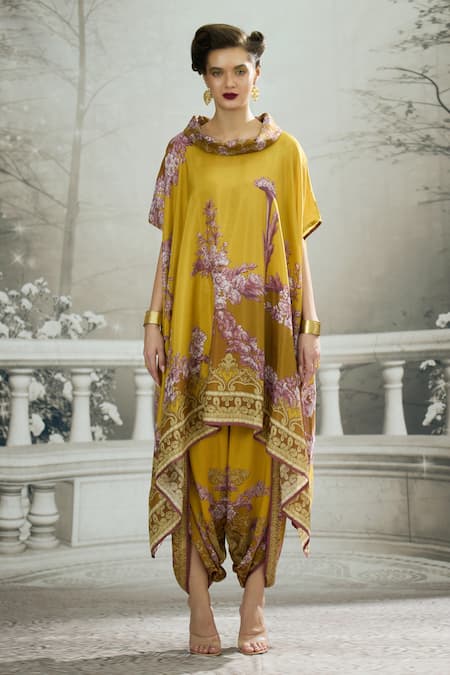 Rajdeep Ranawat_Yellow Silk Embroidery Cowl , Boat Lavanya Printed Asymmetric Tunic _Online_at_Aza_Fashions