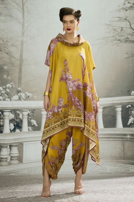 Buy_Rajdeep Ranawat_Yellow Silk Embroidery Cowl , Boat Lavanya Printed Asymmetric Tunic _Online_at_Aza_Fashions