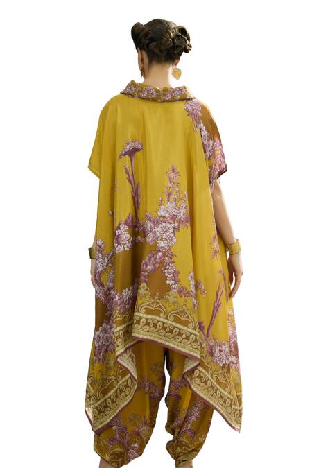 Shop_Rajdeep Ranawat_Yellow Silk Embroidery Cowl , Boat Lavanya Printed Asymmetric Tunic _Online_at_Aza_Fashions