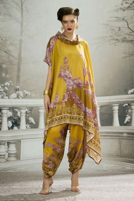 Rajdeep Ranawat_Yellow Silk Embroidery Cowl , Boat Lavanya Printed Asymmetric Tunic _at_Aza_Fashions