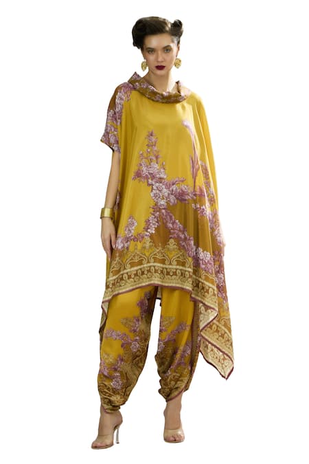 Buy_Rajdeep Ranawat_Yellow Silk Embroidery Cowl , Boat Lavanya Printed Asymmetric Tunic 