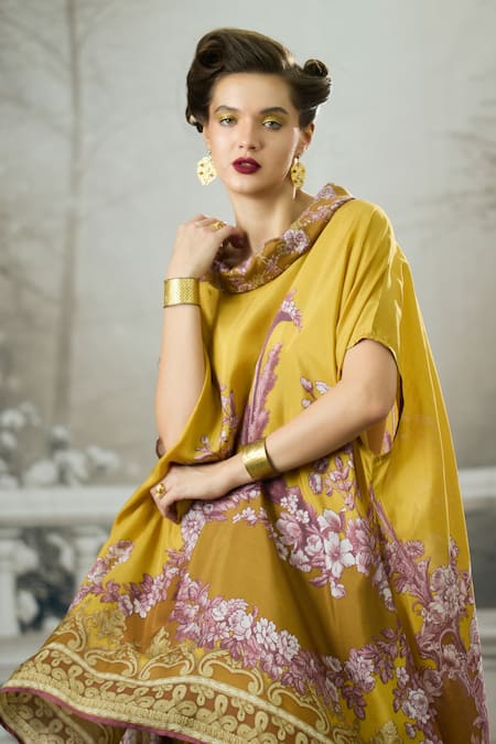 Shop_Rajdeep Ranawat_Yellow Silk Embroidery Cowl , Boat Lavanya Printed Asymmetric Tunic 