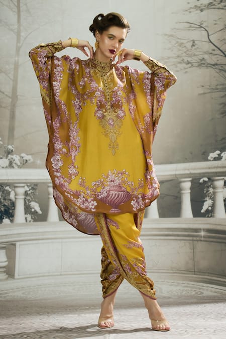 Rajdeep Ranawat Yellow Silk Printed Floral Band Collar Mabel Tunic And Dhoti Pant Set 