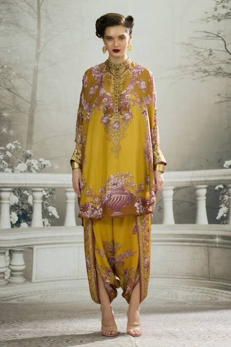 Rajdeep Ranawat_Yellow Silk Embroidery Bandeau Neck Mabel Floral Print Tunic And Dhoti Pant Set _Online_at_Aza_Fashions