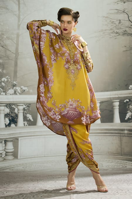Buy_Rajdeep Ranawat_Yellow Silk Embroidery Bandeau Neck Mabel Floral Print Tunic And Dhoti Pant Set 
