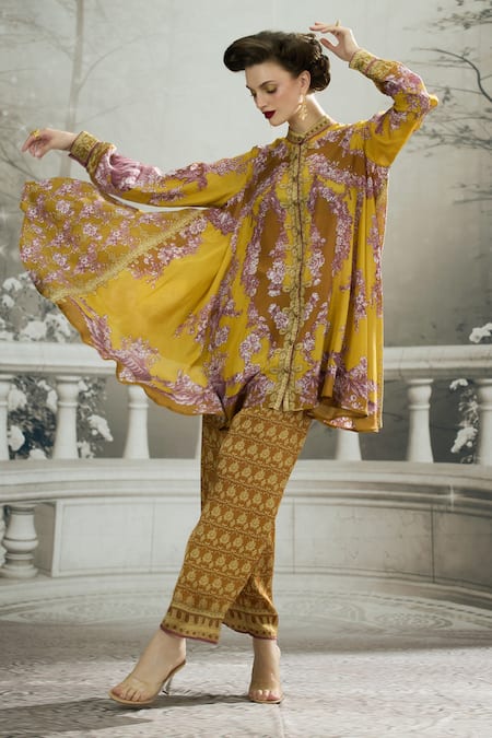 Rajdeep Ranawat Yellow Silk Printed Floral Band Collar Swing Back Tunic