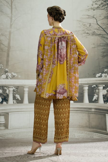 Shop_Rajdeep Ranawat_Yellow Silk Embroidery Bandeau Neck Swing Back Printed Tunic _at_Aza_Fashions