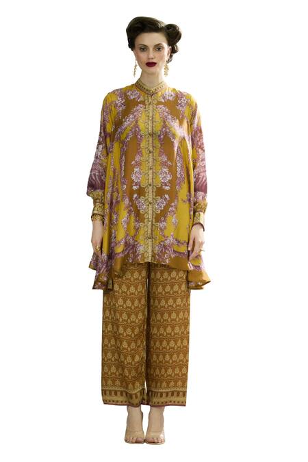 Rajdeep Ranawat_Yellow Silk Embroidery Bandeau Neck Swing Back Printed Tunic _Online_at_Aza_Fashions