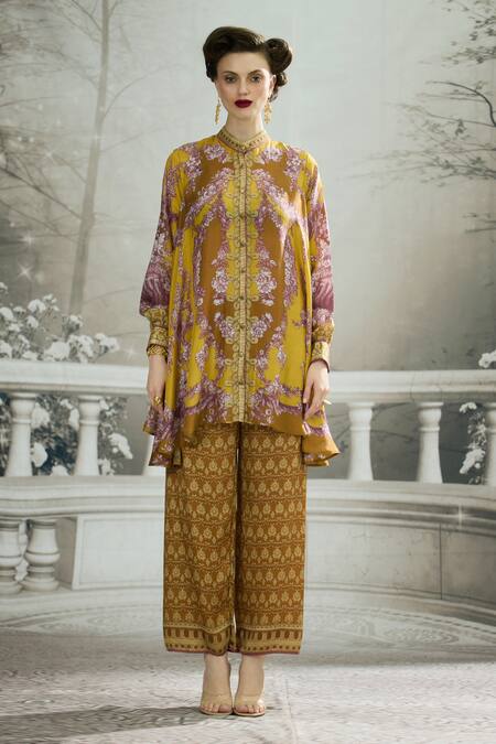 Buy_Rajdeep Ranawat_Yellow Silk Embroidery Bandeau Neck Swing Back Printed Tunic _Online_at_Aza_Fashions