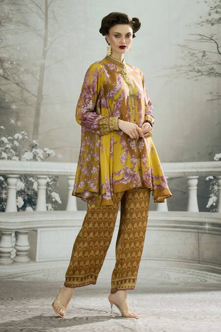 Shop_Rajdeep Ranawat_Yellow Silk Embroidery Bandeau Neck Swing Back Printed Tunic _Online_at_Aza_Fashions