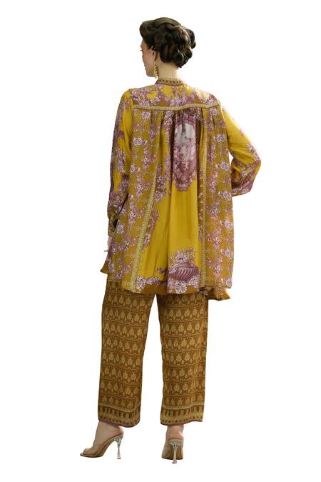 Rajdeep Ranawat_Yellow Silk Embroidery Bandeau Neck Swing Back Printed Tunic _at_Aza_Fashions