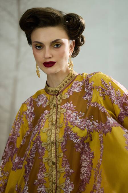 Buy_Rajdeep Ranawat_Yellow Silk Embroidery Bandeau Neck Swing Back Printed Tunic 