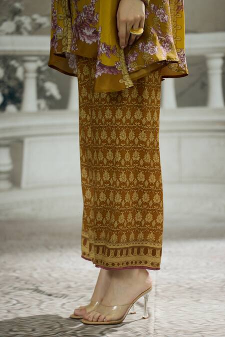 Shop_Rajdeep Ranawat_Yellow Silk Embroidery Bandeau Neck Swing Back Printed Tunic 