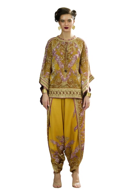 Rajdeep Ranawat_Yellow Silk Embroidery Round Neck Ramona Printed Poncho Tunic _Online_at_Aza_Fashions