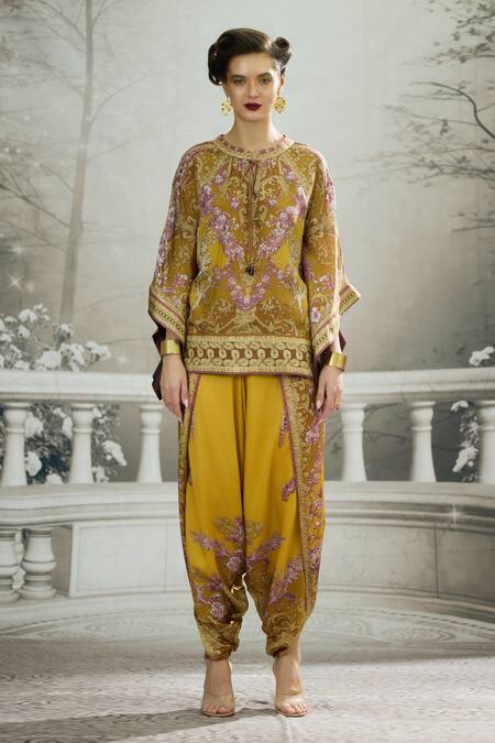 Buy_Rajdeep Ranawat_Yellow Silk Embroidery Round Neck Ramona Printed Poncho Tunic _Online_at_Aza_Fashions