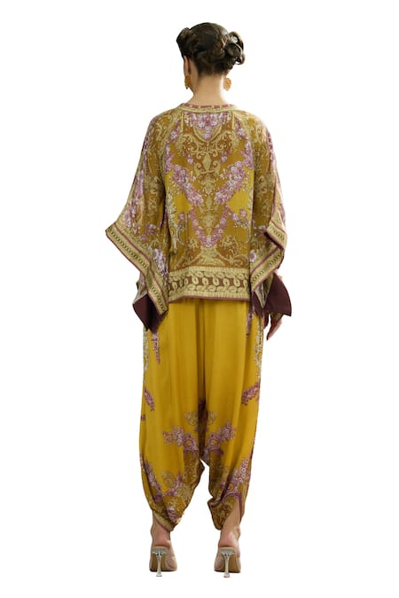 Shop_Rajdeep Ranawat_Yellow Silk Embroidery Round Neck Ramona Printed Poncho Tunic _Online_at_Aza_Fashions