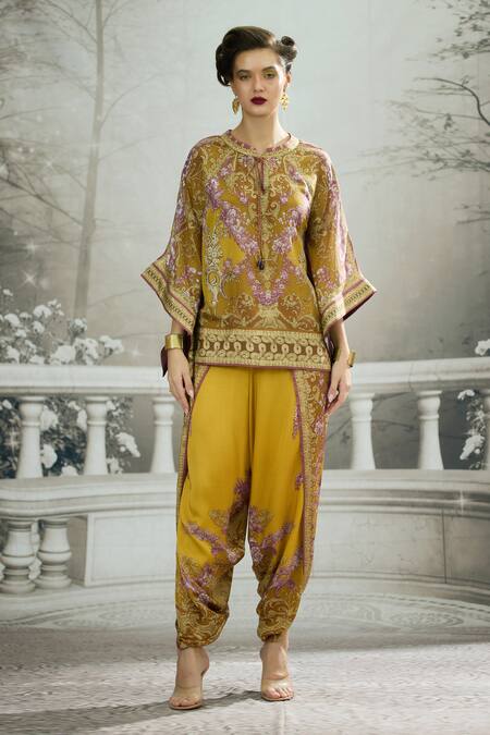 Rajdeep Ranawat_Yellow Silk Embroidery Round Neck Ramona Printed Poncho Tunic _at_Aza_Fashions