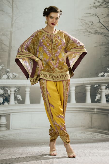 Buy_Rajdeep Ranawat_Yellow Silk Embroidery Round Neck Ramona Printed Poncho Tunic 
