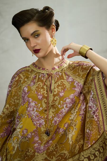 Shop_Rajdeep Ranawat_Yellow Silk Embroidery Round Neck Ramona Printed Poncho Tunic 