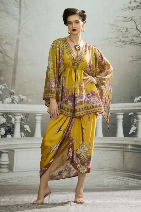 Rajdeep Ranawat Yellow Silk Printed Floral V Neck Parma Drawstring Kaftan