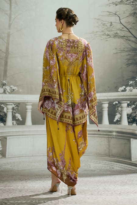 Shop_Rajdeep Ranawat_Yellow Silk Tassels V-neck Parma Floral Print Drawstring Kaftan _at_Aza_Fashions