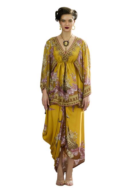 Rajdeep Ranawat_Yellow Silk Tassels V-neck Parma Floral Print Drawstring Kaftan _Online_at_Aza_Fashions
