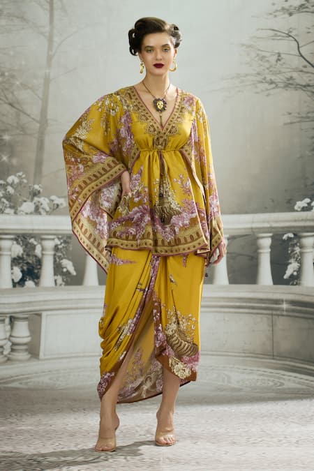 Shop_Rajdeep Ranawat_Yellow Silk Tassels V-neck Parma Floral Print Drawstring Kaftan _Online_at_Aza_Fashions