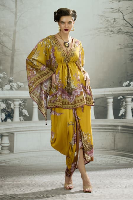 Rajdeep Ranawat_Yellow Silk Tassels V-neck Parma Floral Print Drawstring Kaftan _at_Aza_Fashions