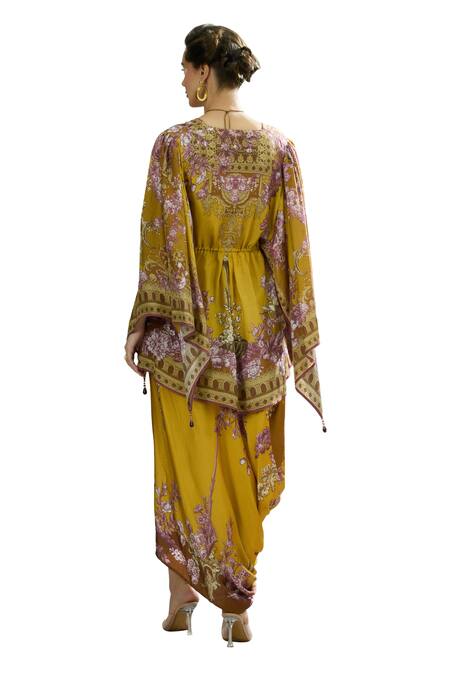 Buy_Rajdeep Ranawat_Yellow Silk Tassels V-neck Parma Floral Print Drawstring Kaftan 