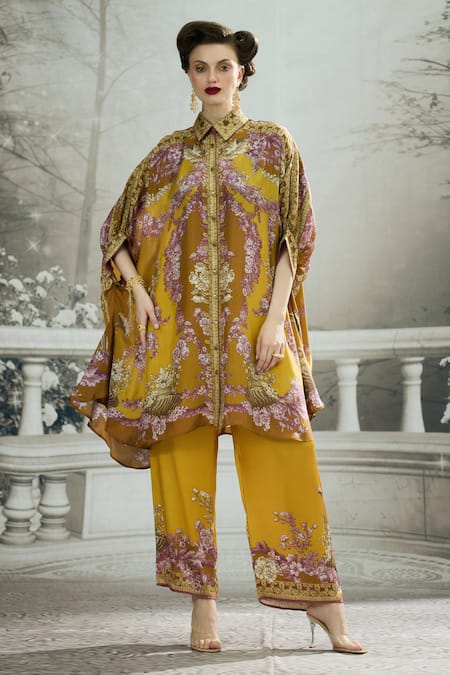 Rajdeep Ranawat Yellow Silk Printed Floral Collared Kamara Gathered Sleeve Circular Shirt Tunic