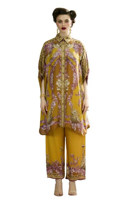 Rajdeep Ranawat_Yellow Silk Embroidery Collared Kamara Gathered Sleeve Circular Shirt Tunic _Online_at_Aza_Fashions