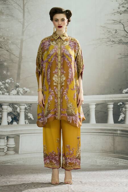 Buy_Rajdeep Ranawat_Yellow Silk Embroidery Collared Kamara Gathered Sleeve Circular Shirt Tunic _Online_at_Aza_Fashions