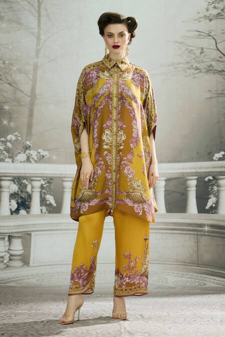 Shop_Rajdeep Ranawat_Yellow Silk Embroidery Collared Kamara Gathered Sleeve Circular Shirt Tunic _Online_at_Aza_Fashions