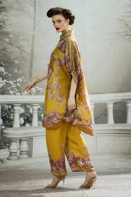 Buy_Rajdeep Ranawat_Yellow Silk Embroidery Collared Kamara Gathered Sleeve Circular Shirt Tunic 