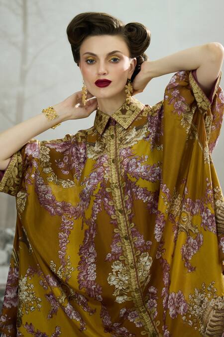 Shop_Rajdeep Ranawat_Yellow Silk Embroidery Collared Kamara Gathered Sleeve Circular Shirt Tunic 