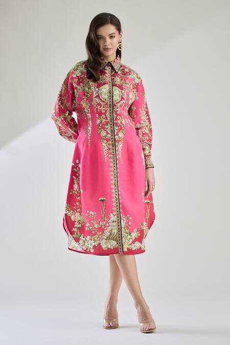 Rajdeep Ranawat_Fuchsia Cotton, Linen Embroidery Collared Paris Floral Print Midi Dress _Online_at_Aza_Fashions