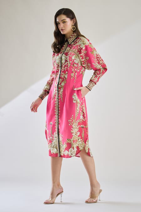 Shop_Rajdeep Ranawat_Fuchsia Cotton, Linen Embroidery Collared Paris Floral Print Midi Dress _Online_at_Aza_Fashions