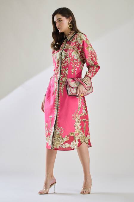 Rajdeep Ranawat_Fuchsia Cotton, Linen Embroidery Collared Paris Floral Print Midi Dress _at_Aza_Fashions