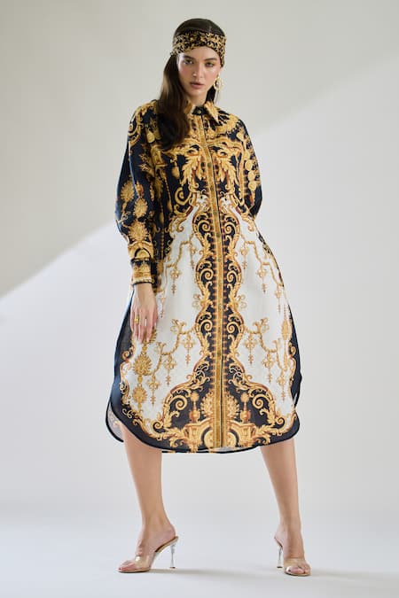 Rajdeep Ranawat Black Cotton Linen Printed Floral Collared Paris Midi Dress