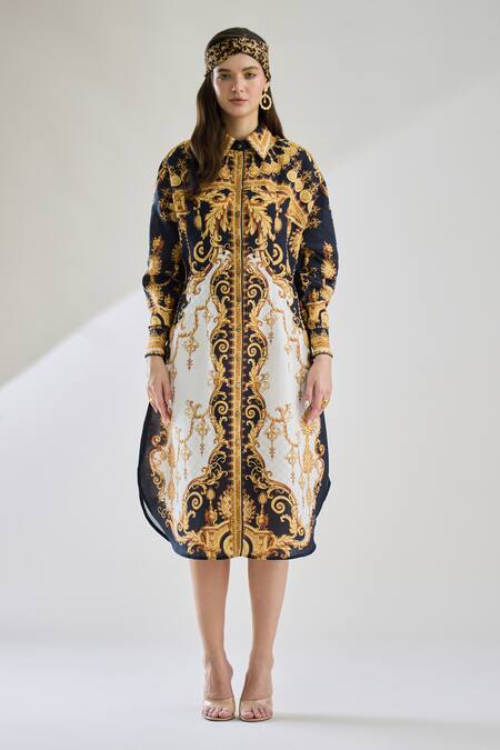 Rajdeep Ranawat_Black Cotton, Linen Embroidery Collared Paris Printed Midi Dress _Online_at_Aza_Fashions