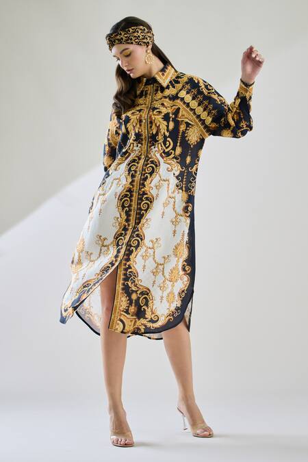 Buy_Rajdeep Ranawat_Black Cotton, Linen Embroidery Collared Paris Printed Midi Dress _Online_at_Aza_Fashions