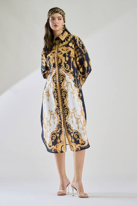 Shop_Rajdeep Ranawat_Black Cotton, Linen Embroidery Collared Paris Printed Midi Dress _Online_at_Aza_Fashions