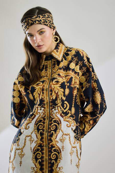 Rajdeep Ranawat_Black Cotton, Linen Embroidery Collared Paris Printed Midi Dress _at_Aza_Fashions