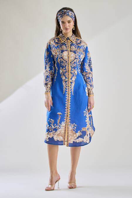 Rajdeep Ranawat Blue Cotton, Linen Embroidery Collared Paris Floral Print Dress Online at Aza Fashions Rajdeep Ranawat_Blue Cotton, Linen Embroidery Collared Paris Floral Print Dress _Online_at_Aza_Fashions