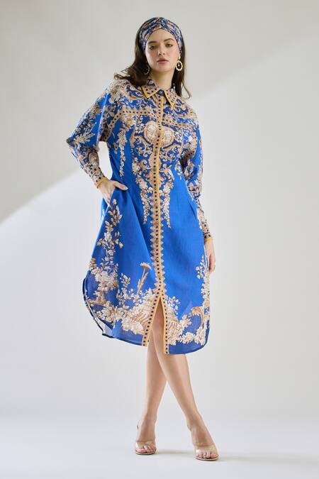 Buy Rajdeep Ranawat Blue Cotton, Linen Embroidery Collared Paris Floral Print Dress Online at Aza Fashions Buy_Rajdeep Ranawat_Blue Cotton, Linen Embroidery Collared Paris Floral Print Dress _Online_at_Aza_Fashions
