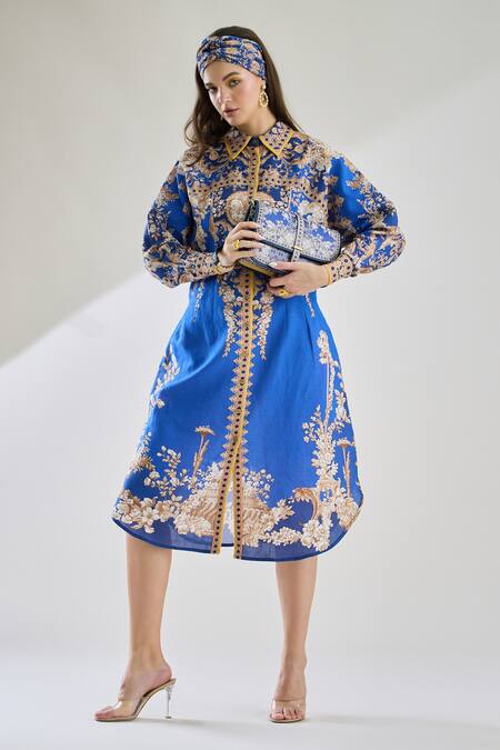Rajdeep Ranawat Blue Cotton, Linen Embroidery Collared Paris Floral Print Dress at Aza Fashions Rajdeep Ranawat_Blue Cotton, Linen Embroidery Collared Paris Floral Print Dress _at_Aza_Fashions